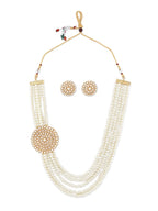 Gold-Polished Alloy Round Brooch Pearl Long Haar Necklace Set - The Pari