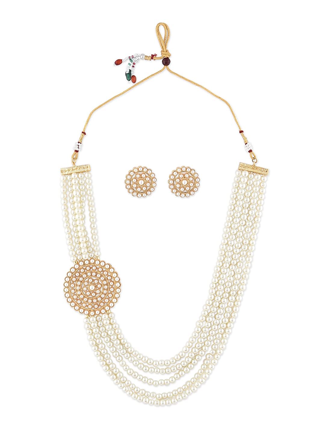 Gold-Polished Alloy Round Brooch Pearl Long Haar Necklace Set - The Pari