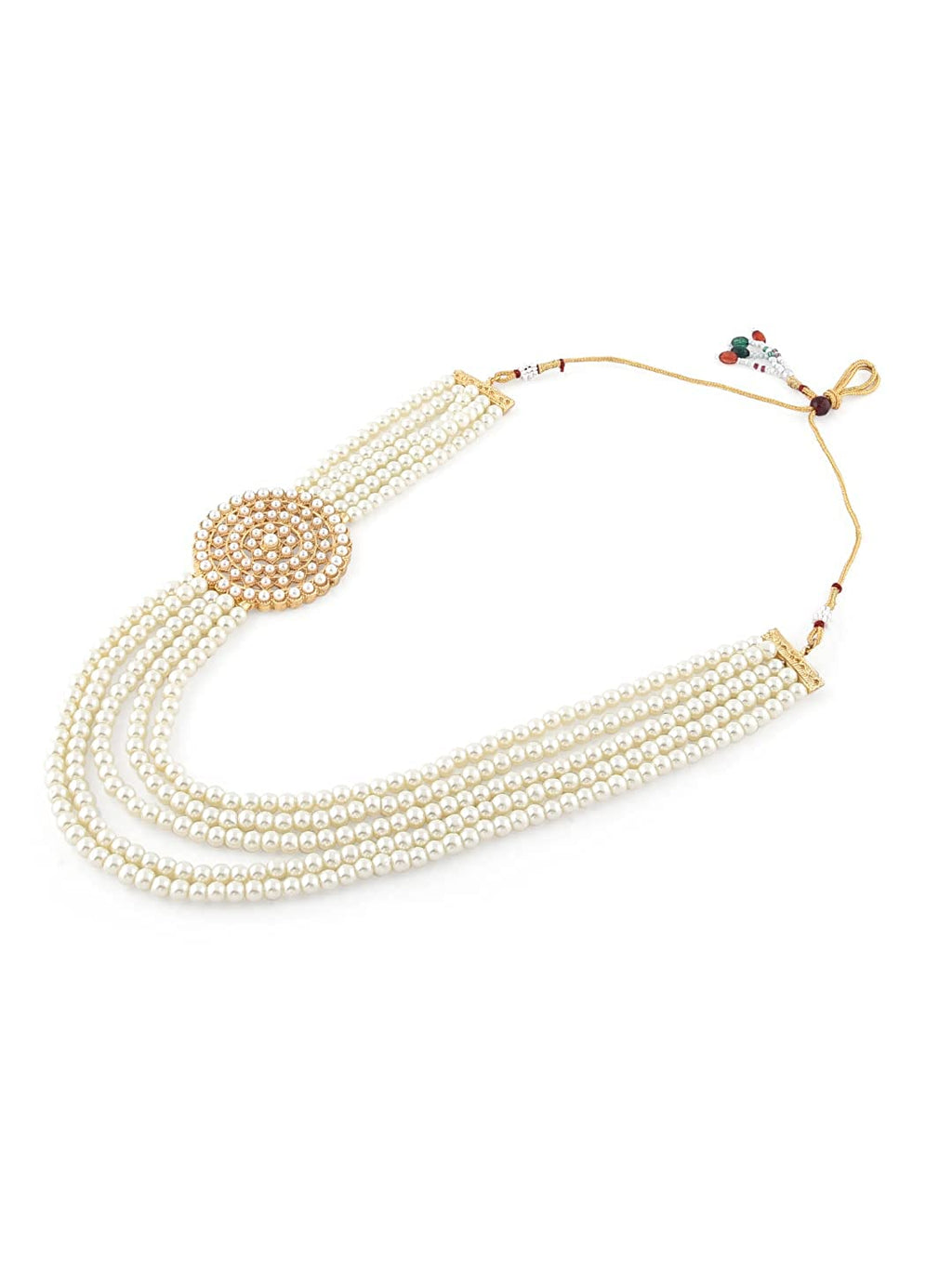 Gold-Polished Alloy Round Brooch Pearl Long Haar Necklace Set - The Pari