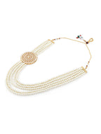 Gold-Polished Alloy Round Brooch Pearl Long Haar Necklace Set - The Pari