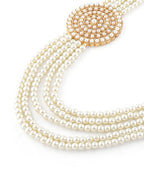 Gold-Polished Alloy Round Brooch Pearl Long Haar Necklace Set - The Pari