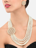 Gold-Polished Alloy Round Brooch Pearl Long Haar Necklace Set - The Pari