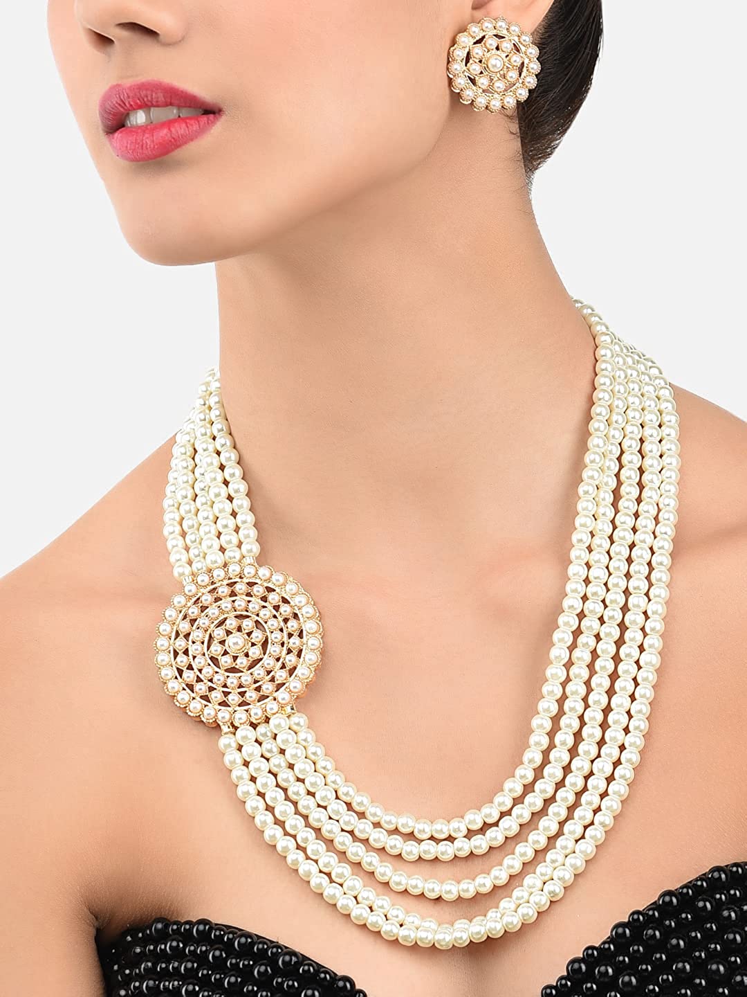 Gold-Polished Alloy Round Brooch Pearl Long Haar Necklace Set - The Pari