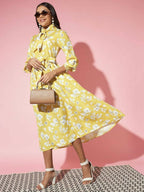 Myshka Women Yellow Floral Rayon A-Line Shirt Collar Dress - Distacart