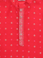 Ahalyaa Red Chnaderi Gold Khari Print Kids Kurta Churidar Set For Boys