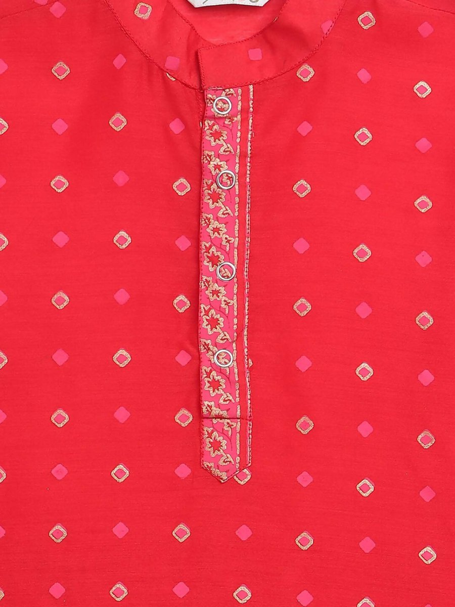 Ahalyaa Red Chnaderi Gold Khari Print Kids Kurta Churidar Set For Boys