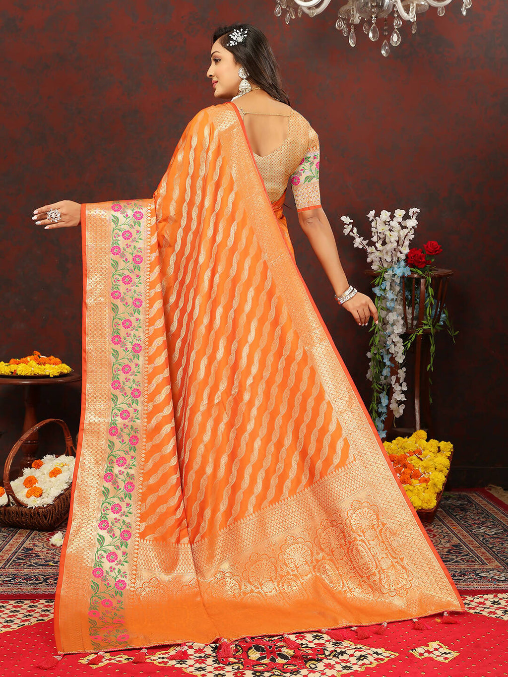 Lorenvalley Fashion Orange Soft Silk Woven Design with Zari Weaving Leheriya Design Saree