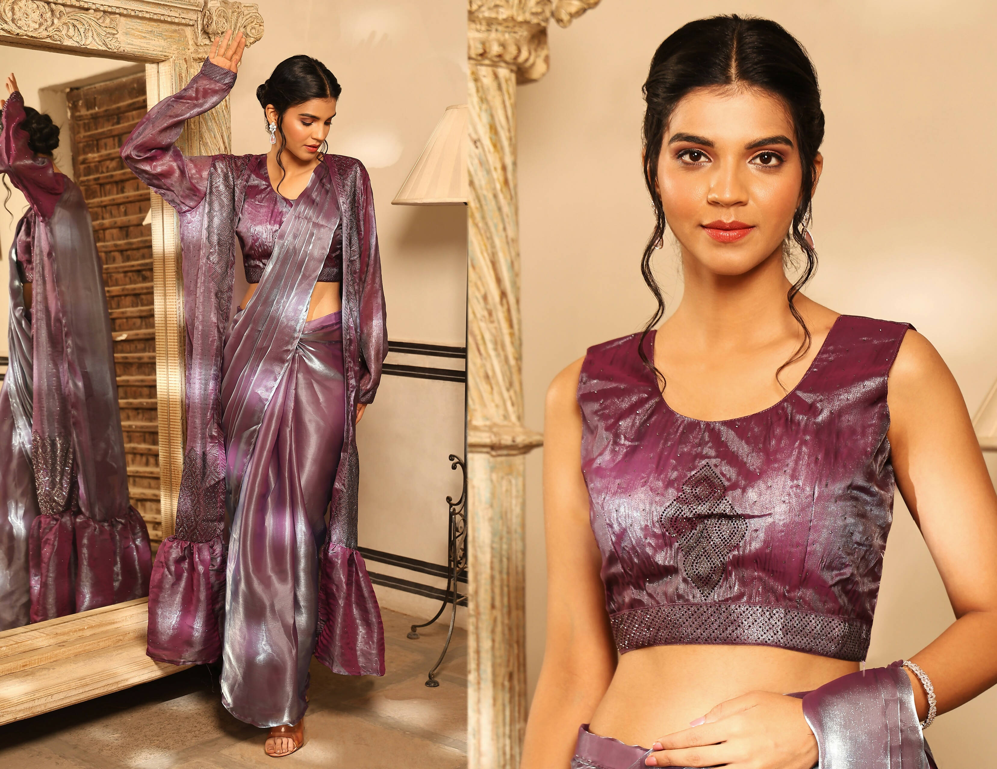 Lavender Tom Silk Plain Ready To Wear Saree With Stitched Blouse - Satiksha