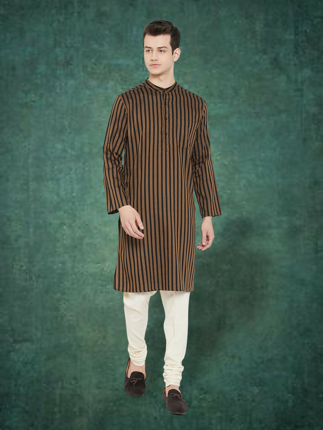 Even Apparels Men's Striped Brown and Black Kurta