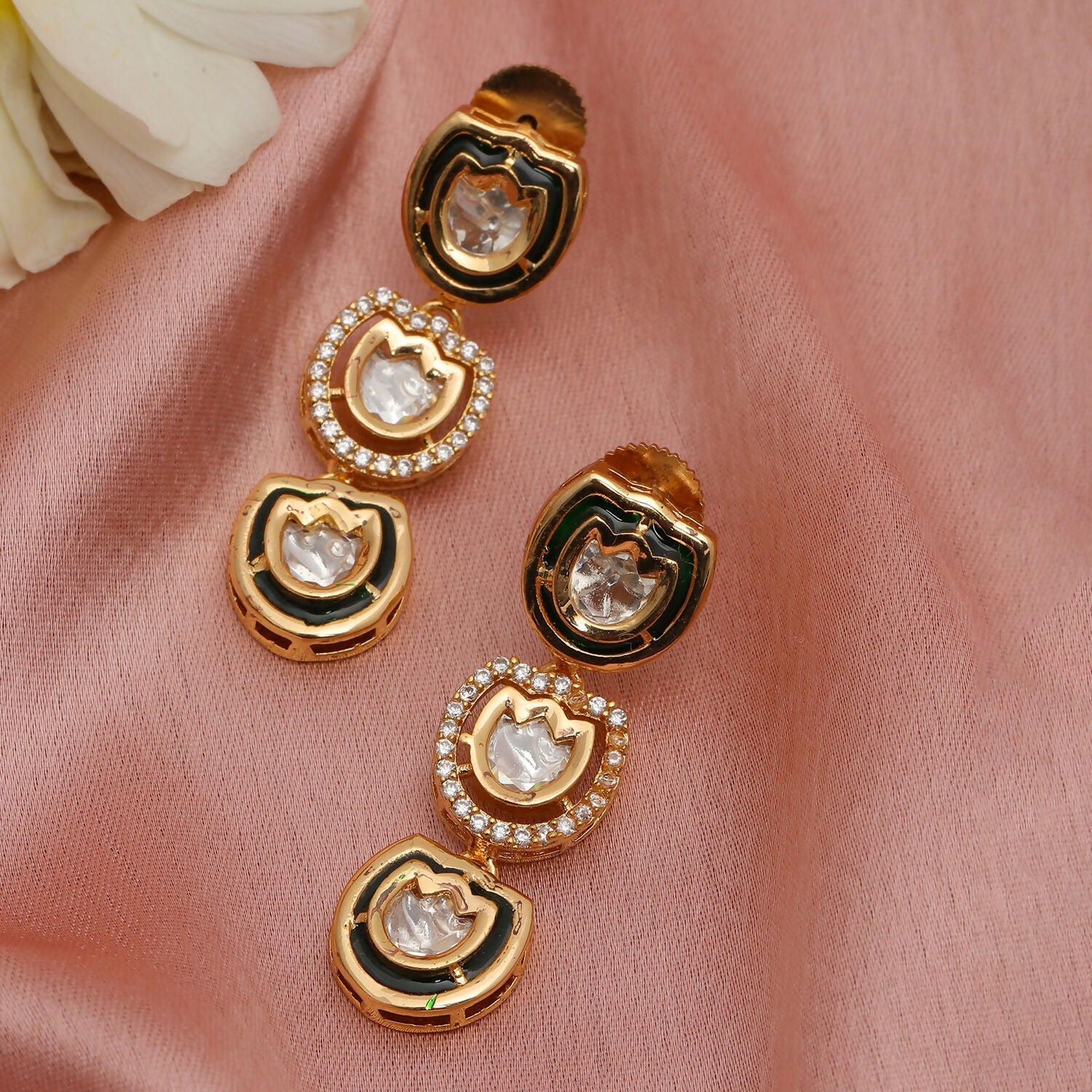 Meenakari and Diamond Studded Dangler Earrings (Gold) - Ruby Raang - Distacart