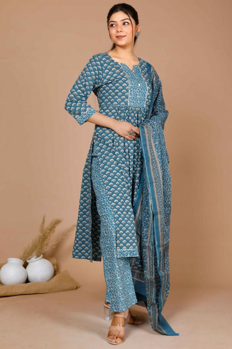 Miravan Women's Blue Ethnic Motifs Printed Gotta Patti Cotton Kurta With Palazzo & Dupatta