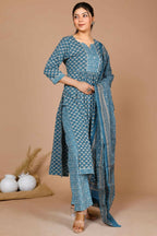 Miravan Women's Blue Ethnic Motifs Printed Gotta Patti Cotton Kurta With Palazzo & Dupatta