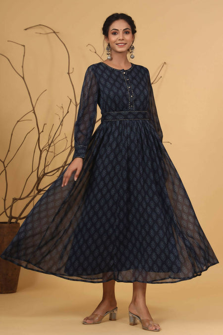 Juniper Women Navy Chiffon Printed Flared Dress