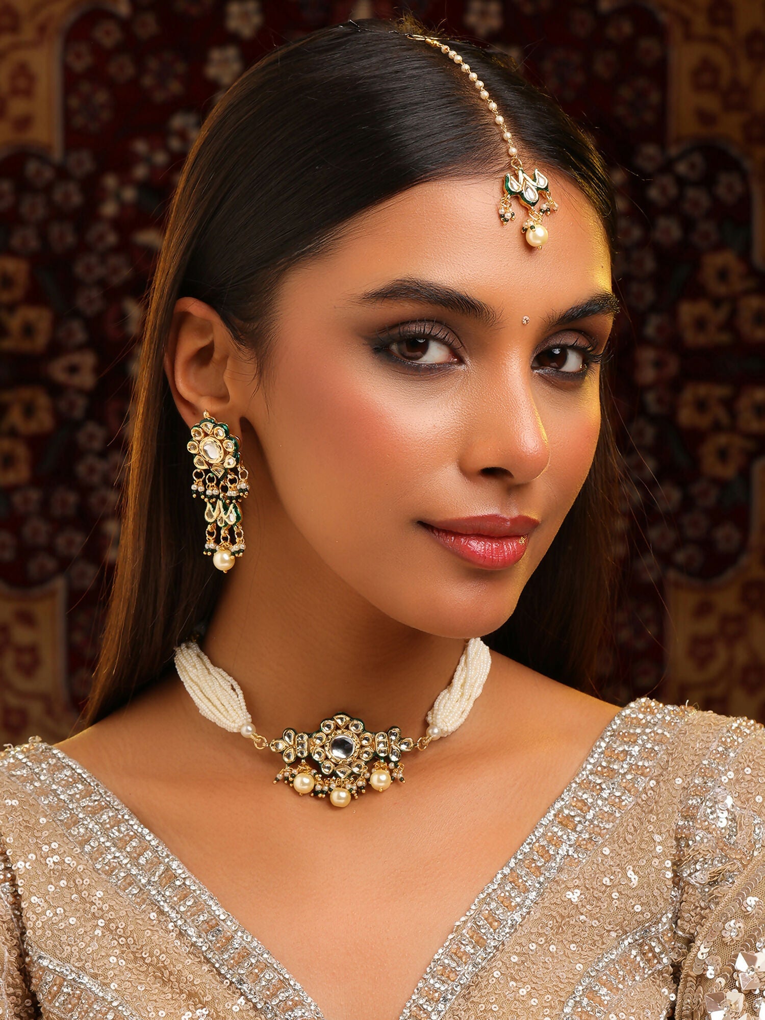 Ruby Raang Floral Kundan Studded Jewellery Set