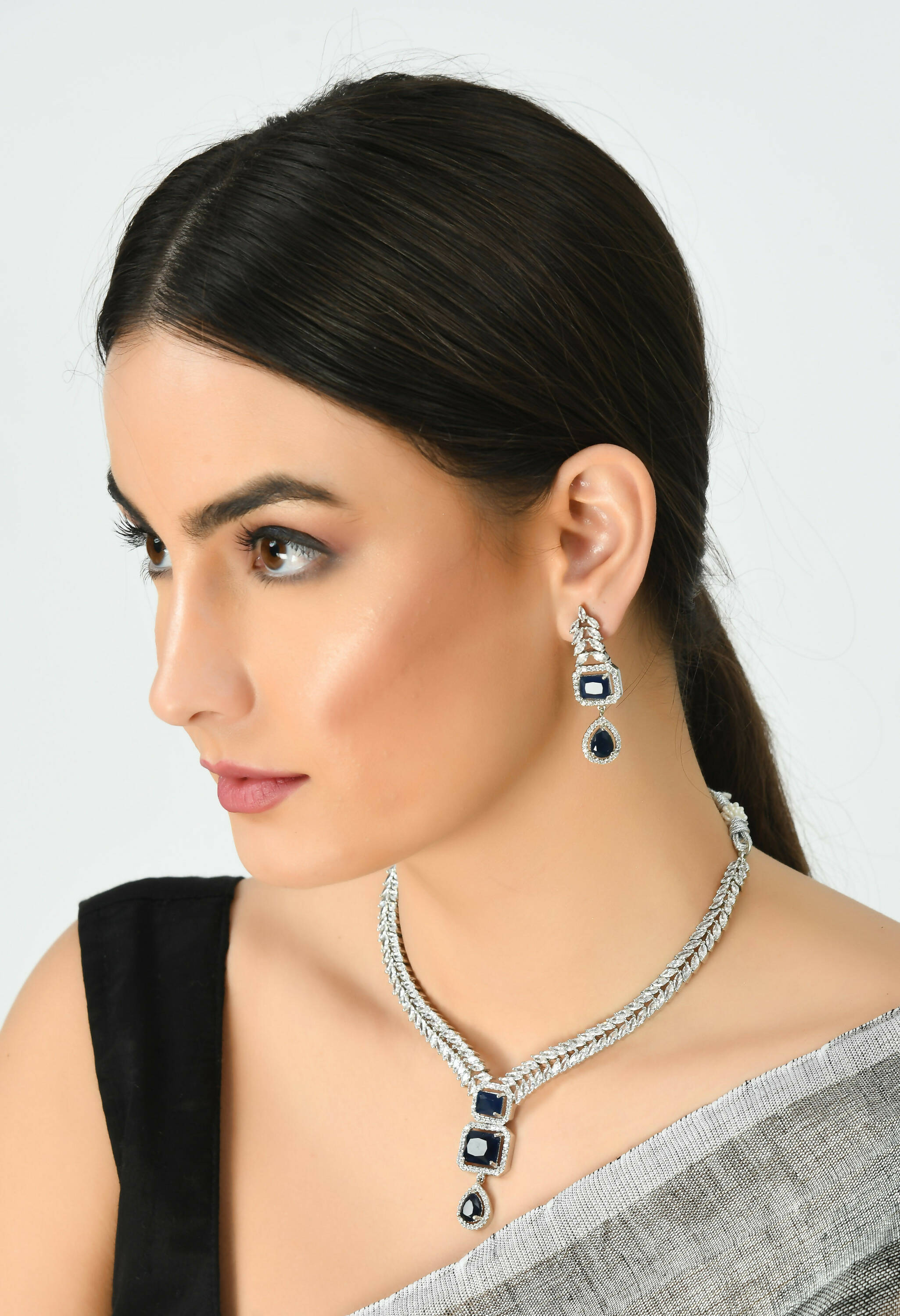 Mominos Fashion Johar Kamal Silver-Plated American Diamond Navy Blue Choker Set - Distacart