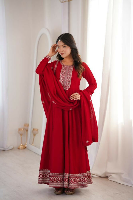 Lehenga Mart Designer Anarkali Suit With Kurta, Dupatta For Women-Dark Red