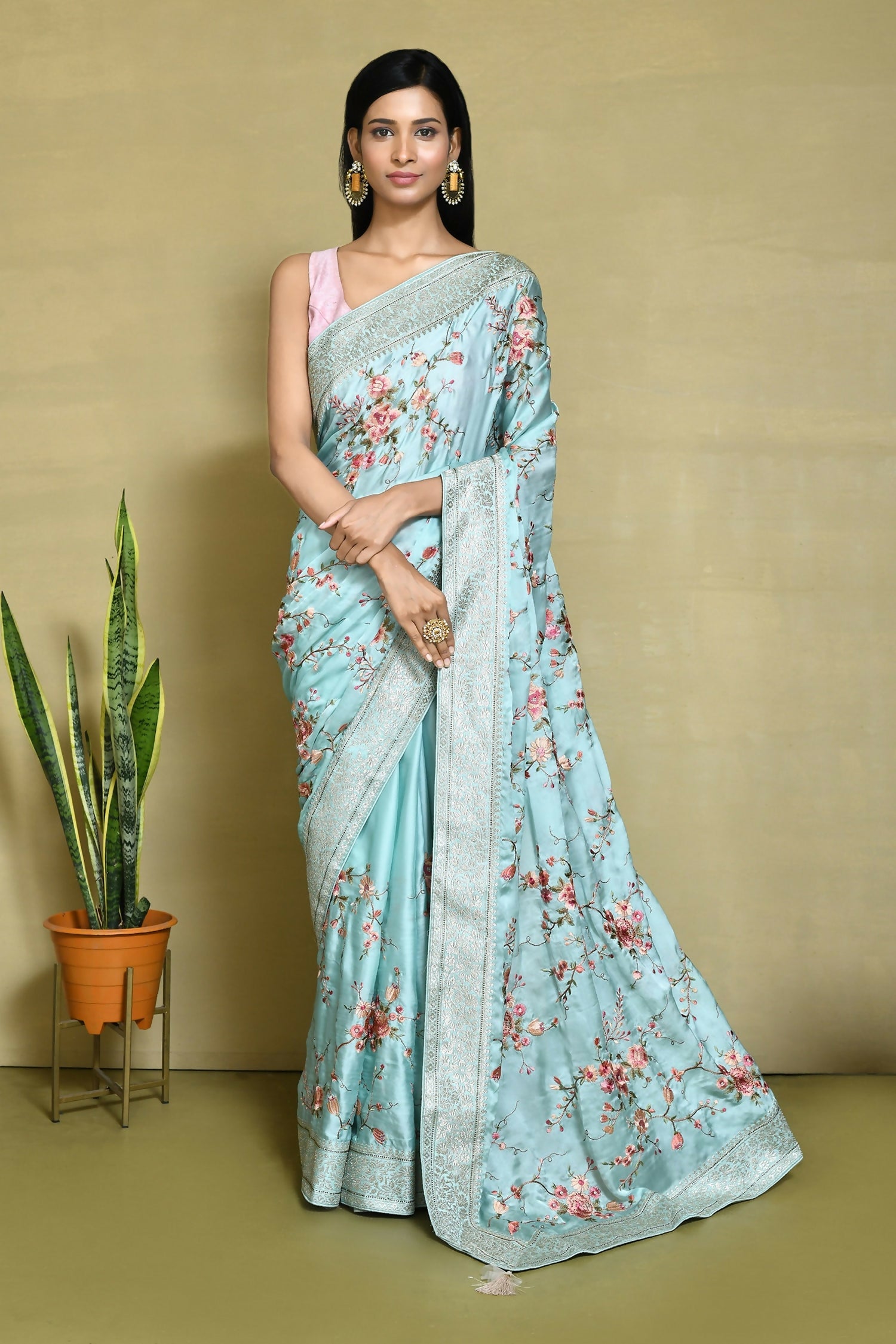 Blue Satin Silk Embroidered With Woven Design Border Festive Saree - Nimaya Denzy