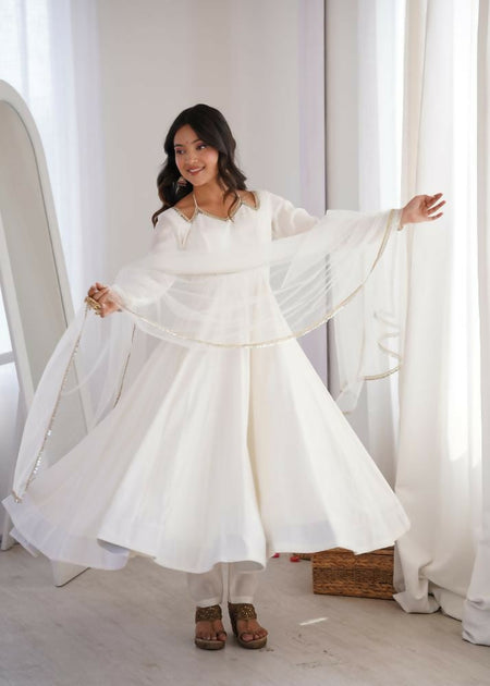 Lehenga Mart Designer Anarkali Suit With Kurta, Pant, Dupatta For Women-White