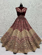 Jyoti Fashion Women's Maroon Velvet Fancy Dori & Sequins Multi Thread Embroidered with Diamond Work Wedding Lehenga Choli