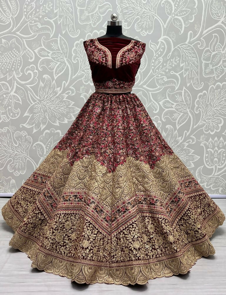 Jyoti Fashion Women's Maroon Velvet Fancy Dori & Sequins Multi Thread Embroidered with Diamond Work Wedding Lehenga Choli