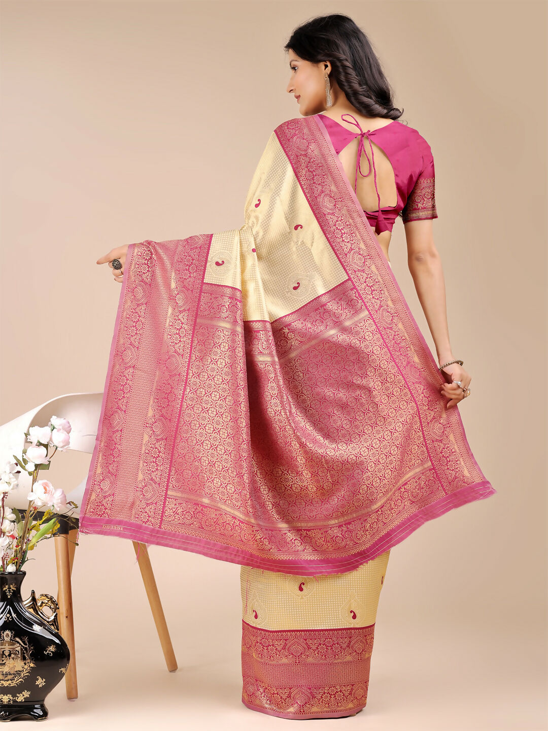 Shree Shyam Fashion Aura Silk Cream Magenta Banarasi Silk Saree