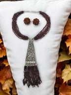 Inhanns Day-To-Dinner Tie Shaped Oxidized Black Metal Multi-Layered Long Necklace Set - Coffee