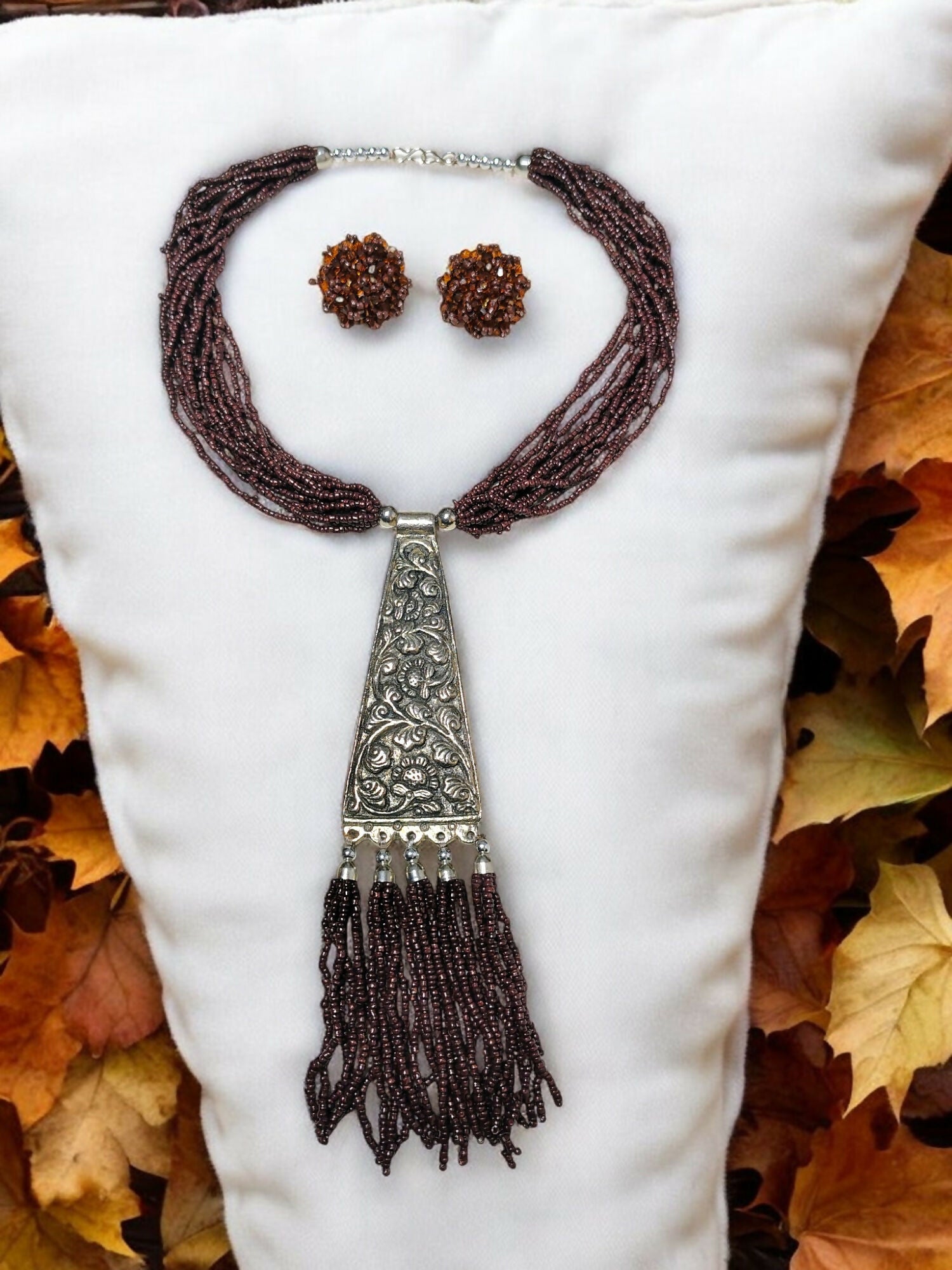 Inhanns Day-To-Dinner Tie Shaped Oxidized Black Metal Multi-Layered Long Necklace Set - Coffee
