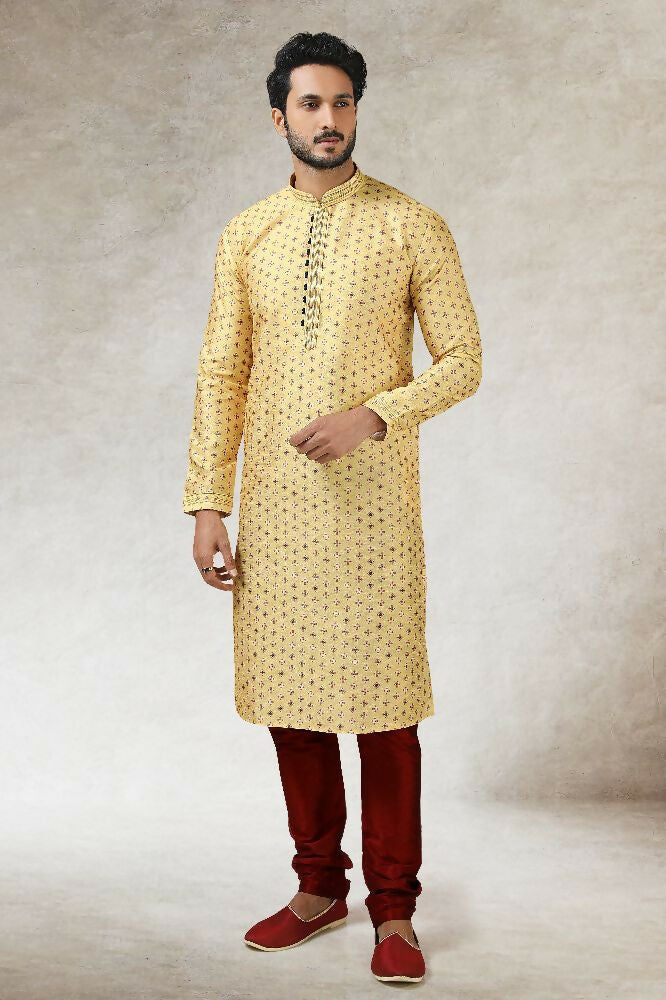Raivat Ethnic Art Silk Printed Work Kurta Pajama In Yellow Colour