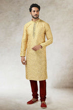 Raivat Ethnic Art Silk Printed Work Kurta Pajama In Yellow Colour
