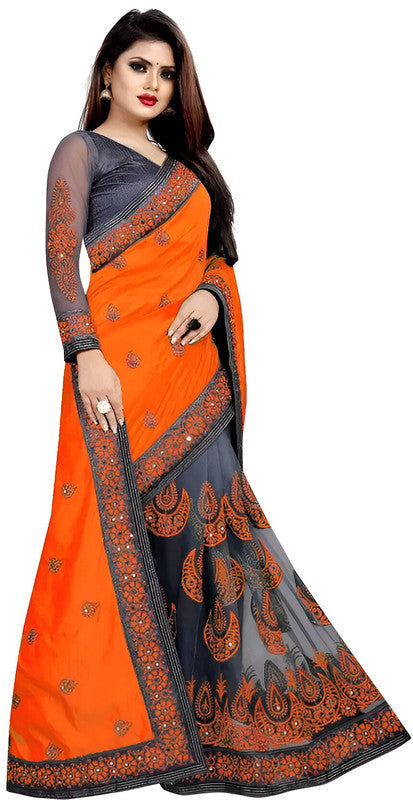 Dishitha Creation Indian Women's Designer Embroidered Art Silk Saree - Orange