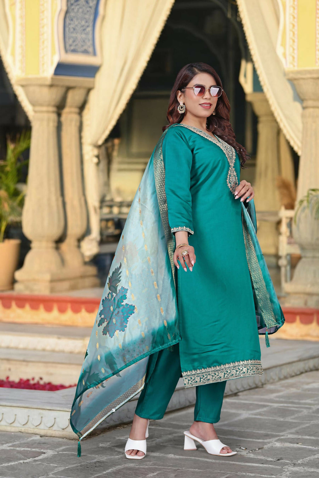 The52 Women's Beautiful Viscose Chanderi Fabric Embroidery Work Straight Kurta Pant and Dupatta Set - Distacart