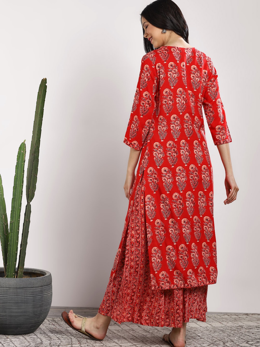 Sangria Women Red Printed Kurta with Palazzos