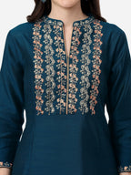 HERE&NOW Mandarin Collar Floral Embroidered A-Line Regular Fit Silk Kurta