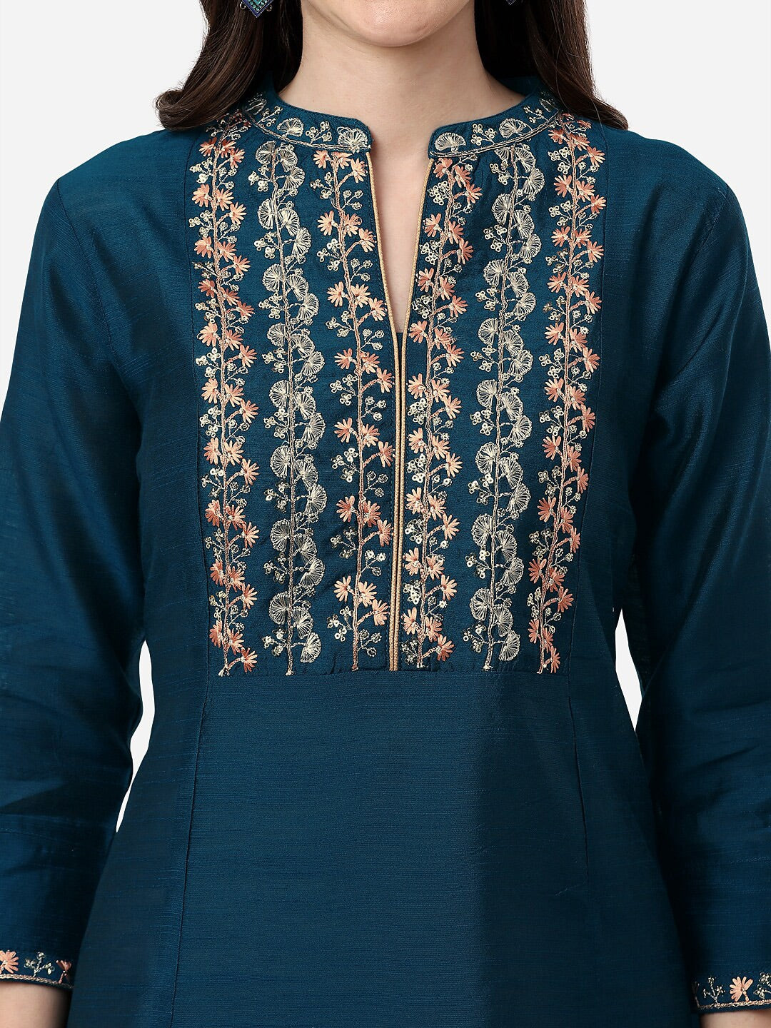 HERE&NOW Mandarin Collar Floral Embroidered A-Line Regular Fit Silk Kurta