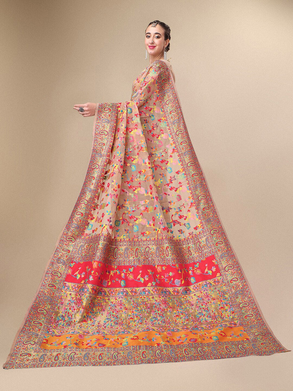 Sangria Beige & Orange Floral Woven Design Pure Silk Saree - Distacart