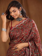 Sangria Maroon Floral Printed Beads And Stones Sarees - Distacart