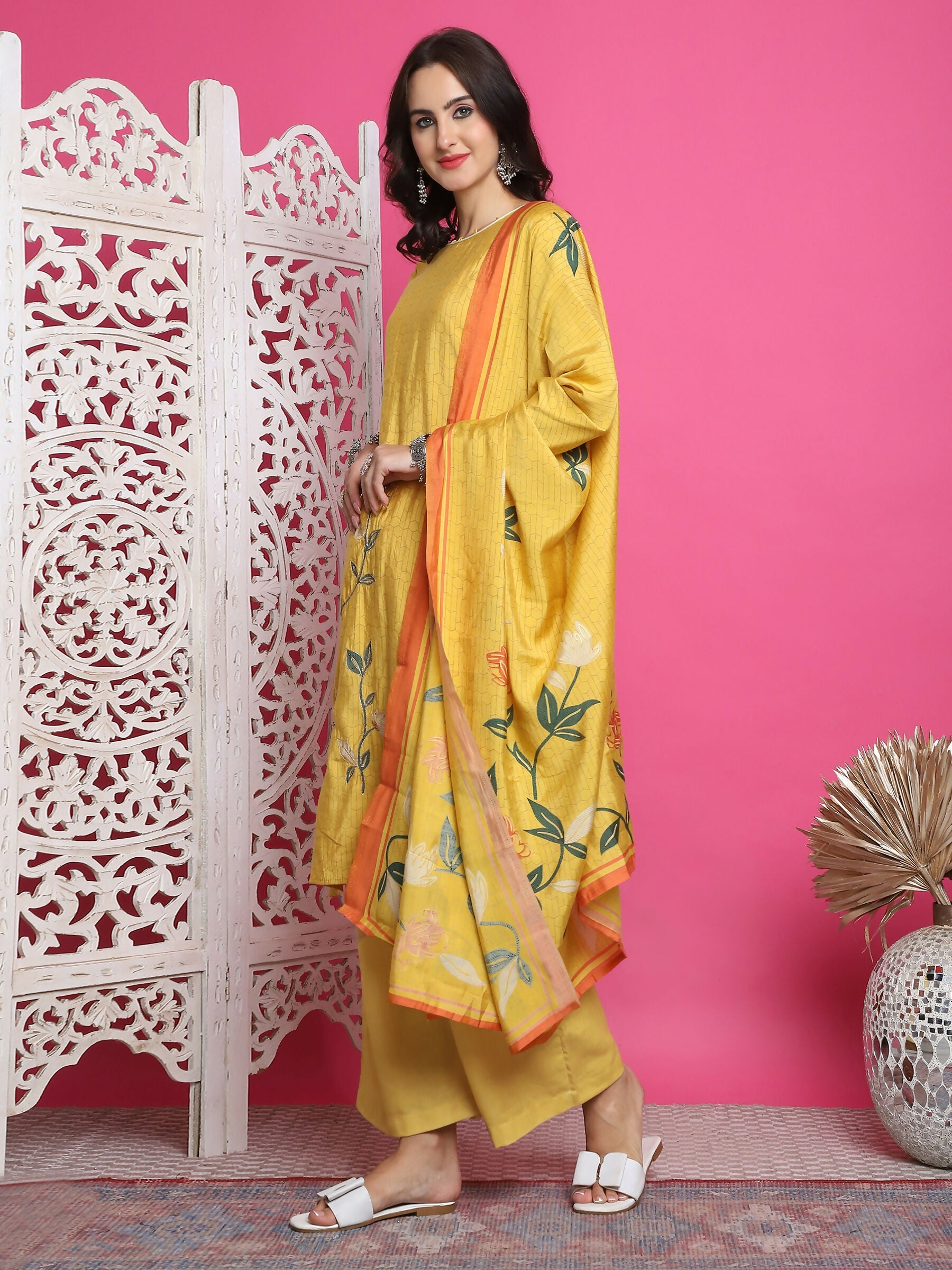Jyoti Fashion Women's Yellow Muslin Floral Print with Jari & Crystal work Kurta with Trouser & Dupatta