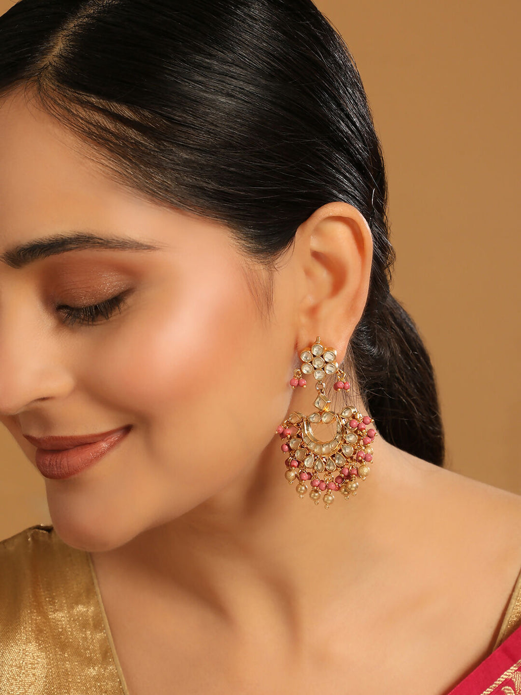 Nuyug 22k Gold-Plated Kundan Chandbali Earrings with Pink Stones - Distacart