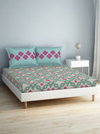 SPACES Aurum Blue Ethnic Motifs Pure Cotton 140 TC Queen Bedsheet With 2 Pillow Covers