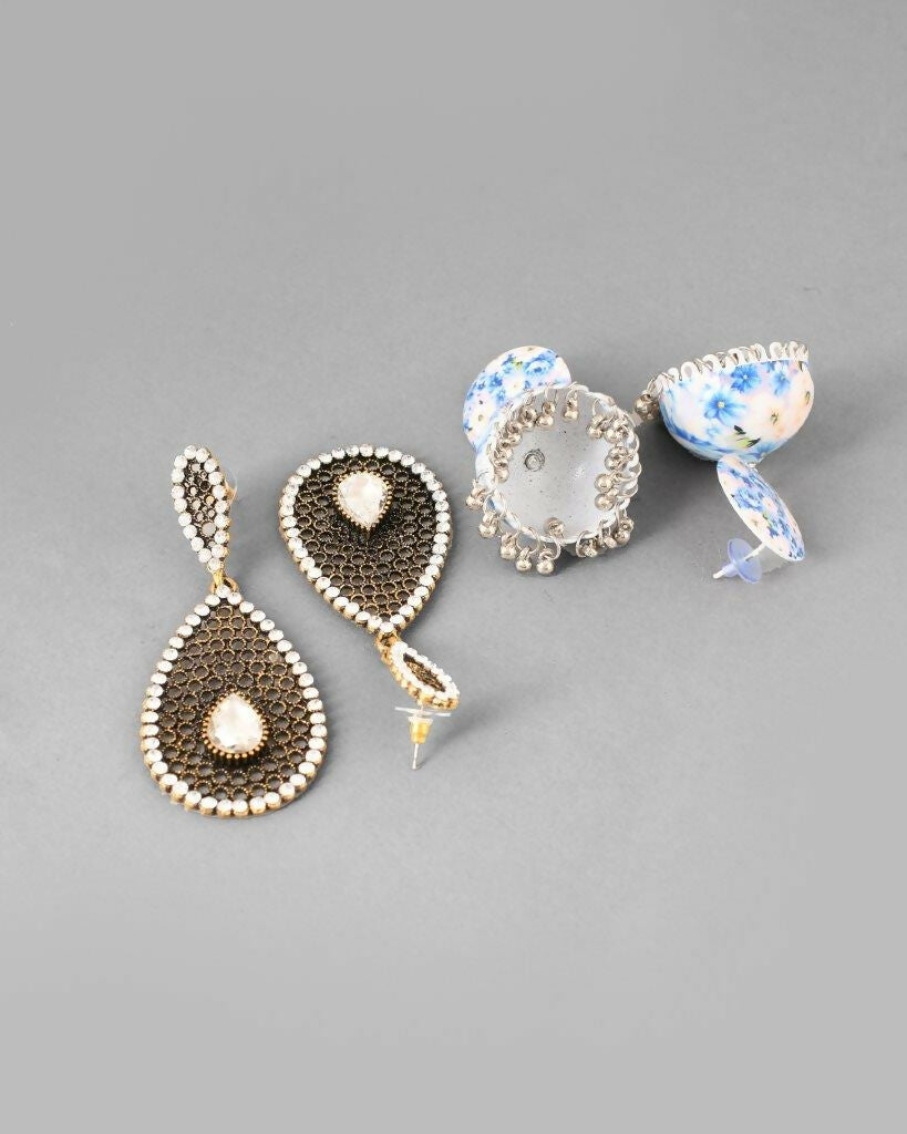 VOJ Set Of 2 Earrings- Blue Printed Jhumka With Black AD Studded Drop Earrings - Distacart