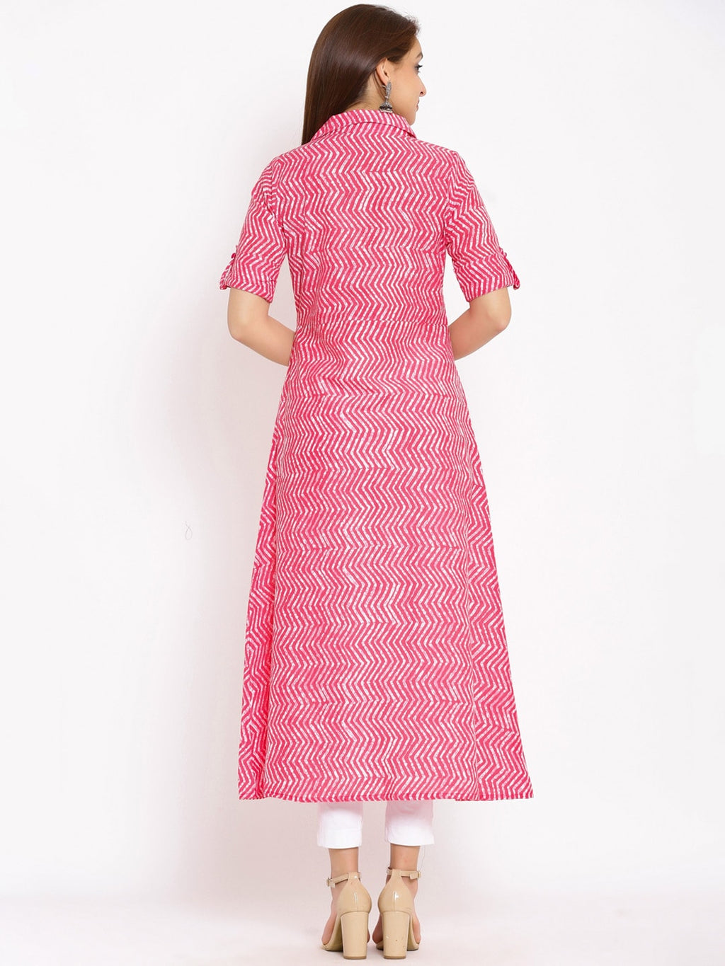 HERE&NOW Pink Shirt Collar Chevron Printed Roll Up Sleeves A-Line Kurta