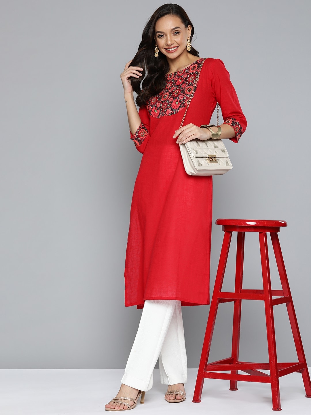 HERE&NOW Women Red & Black Yoke Design Pure Cotton Kurta
