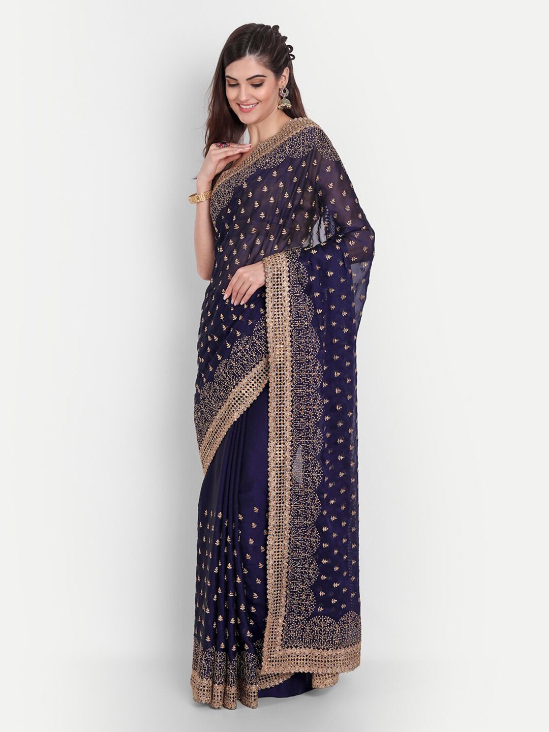 kasee Women Blue & Gold-Toned Floral Embroidered Art Silk Saree