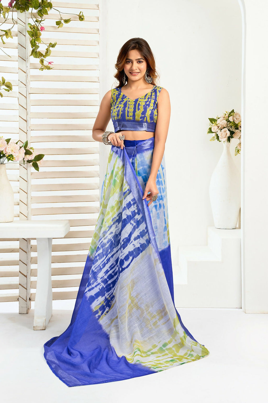 Vastranavya Blue Digital Printed Linen Ready To Wear Designer Saree with Unstitched Blouse - Distacart
