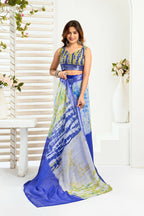 Vastranavya Blue Digital Printed Linen Ready To Wear Designer Saree with Unstitched Blouse - Distacart