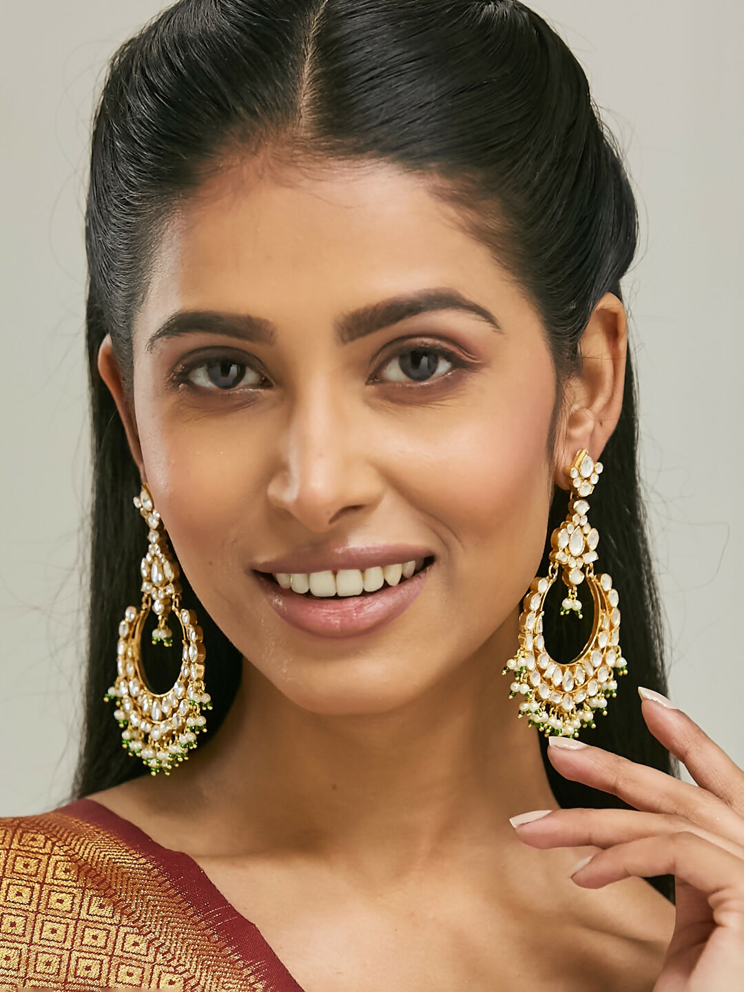 Nuyug 22K Gold-Plated Elegant Kundan Studded & Beaded Floral Chandbali Earrings - Distacart