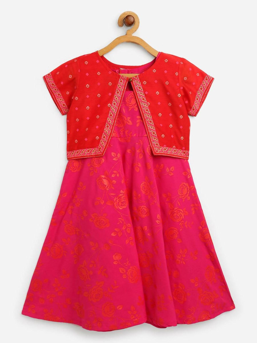 Ahalyaa Pink Crepe Floral Printed Kids Kurta with Jacket For Girls