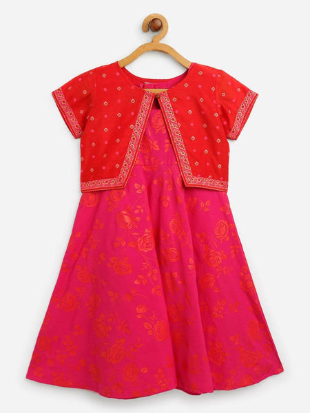 Ahalyaa Pink Crepe Floral Printed Kids Kurta with Jacket For Girls