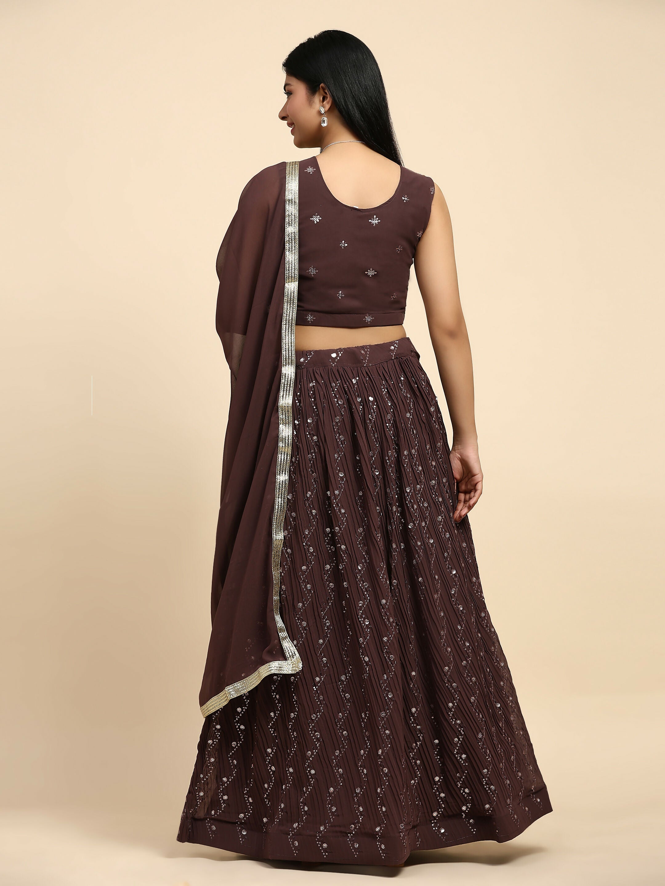 Brown Georgette Embroidered Lehenga choli with Dupatta - Dhara
