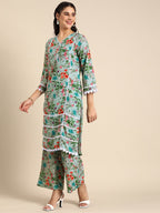 Sangria Women V-Neck Floral Printed Regular Kurta with Palazzos & With Dupatta